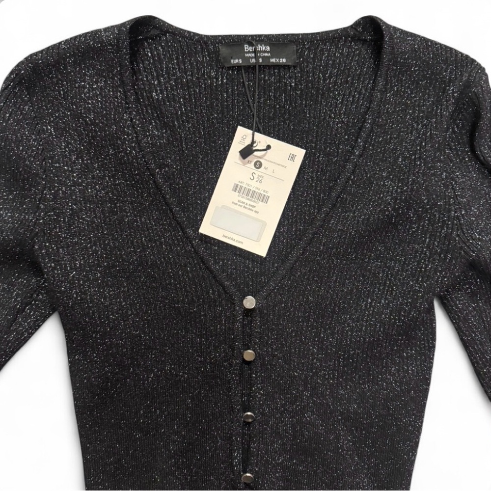 Bershka Black Shimmer Crop V-Neck Button Cardigan